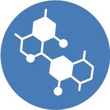 Blue and white icon featuring a molecule graphic.