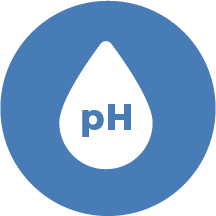 Blue and white icon of a liquid droplet with "pH" inside.