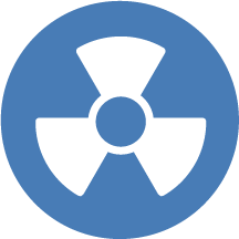 Blue and white icon of a hazardous symbol
