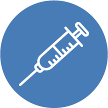 Blue and white icon featuring a molecule graphic.